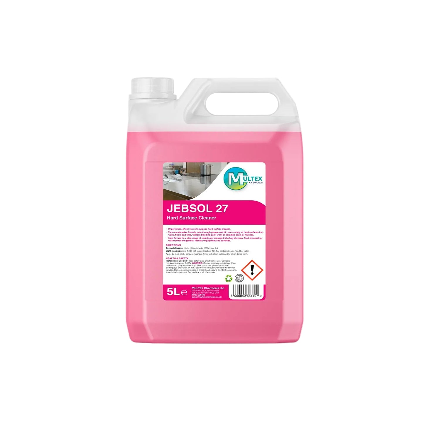 A pink plastic bottle labeled 'Jebsol 27 Hard Surface Cleaner' with a white cap and branding details