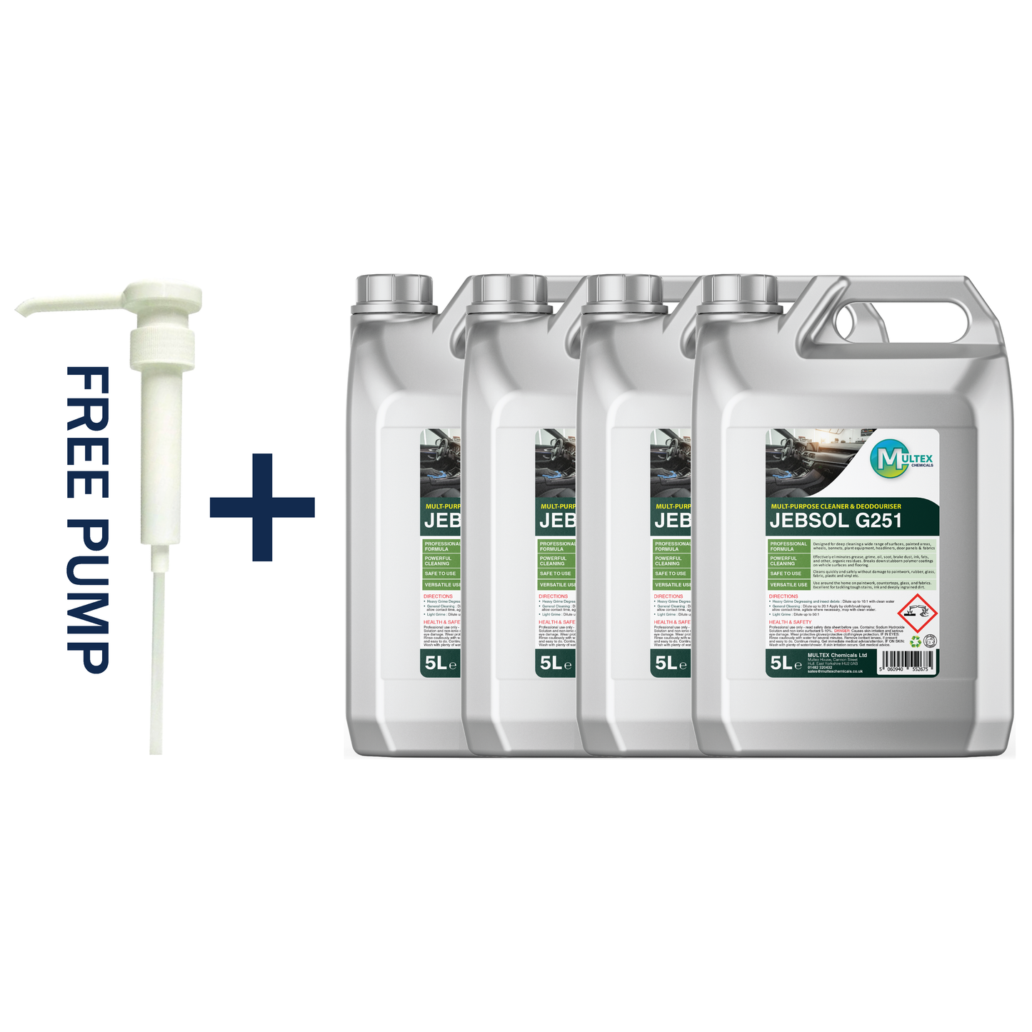 Jebsol G251 Multi-Purpose Cleaner and Deodoriser by Multex Chemicals, 5L concentrate container with trade pouring grip and chemical safety data labeling.