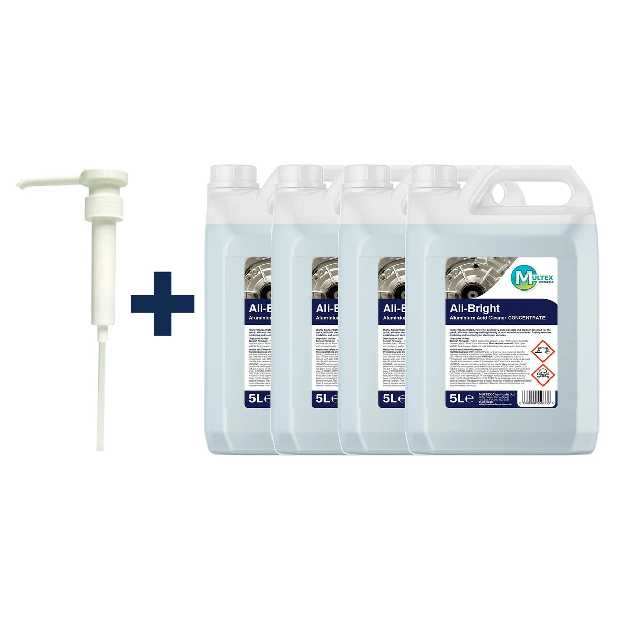 Ali-Bright Aluminium Acid Cleaner & Descaler – Heavy Duty 5L & 25L Industrial Brightener — 4 × 5L bundle + 1 dosing pump (38mm)