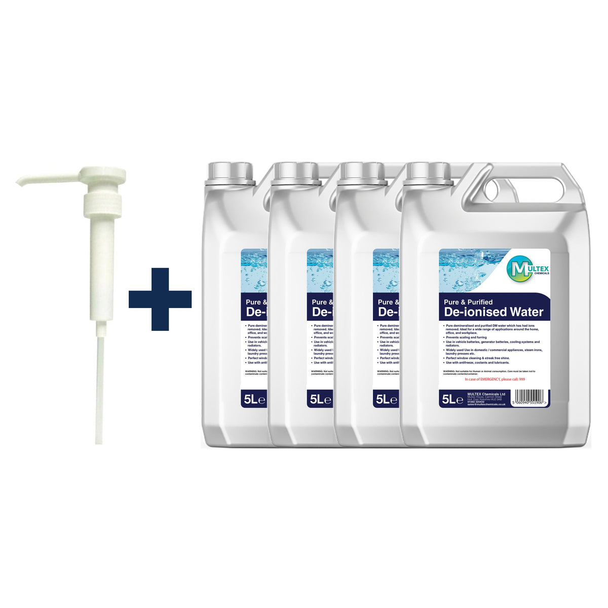 De-ionised Water – 5L & 25L — 4 × 5L bundle + 1 dosing pump (38mm)