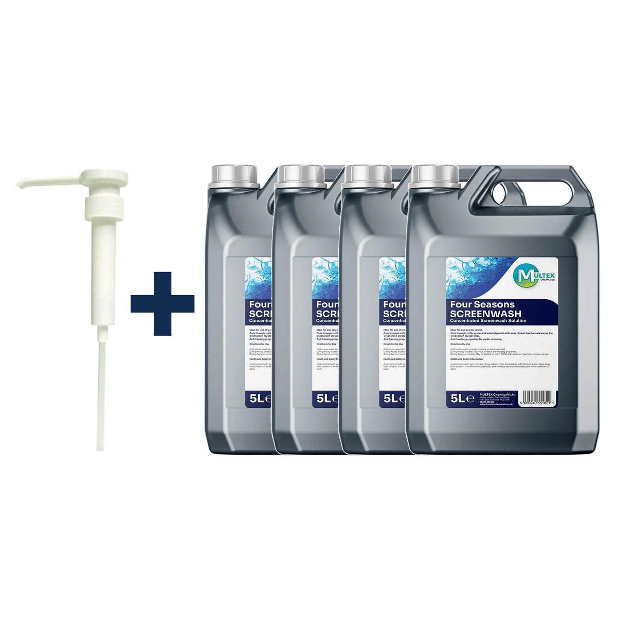 Four Seasons Concentrated Screenwash – All-Season Windscreen Cleaner 5L & 25L — 4 × 5L bundle + 1 dosing pump (38mm)
