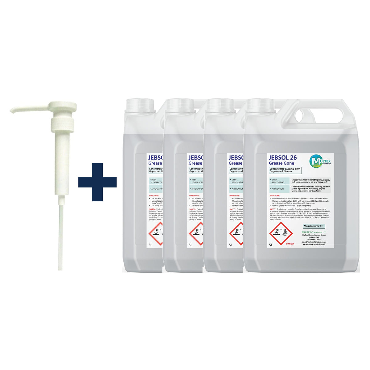 JEBSOL 26 Grease-Gone Concentrate – 5L & 25L — 4 × 5L bundle + 1 dosing pump (38mm)