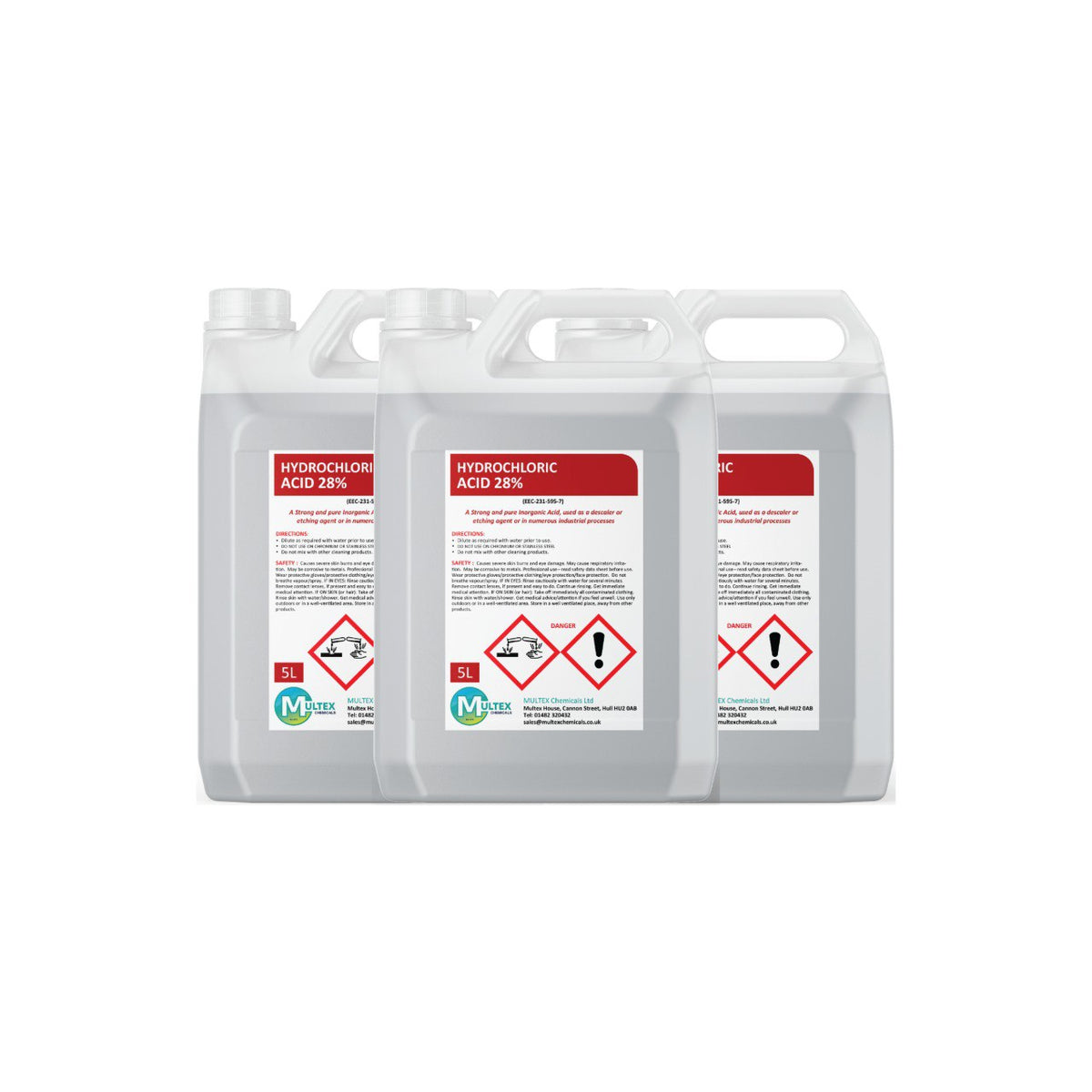 Multex Hydrochloric Acid 28% 5L - Heavy-duty descaler and concrete etching agent for industrial use.