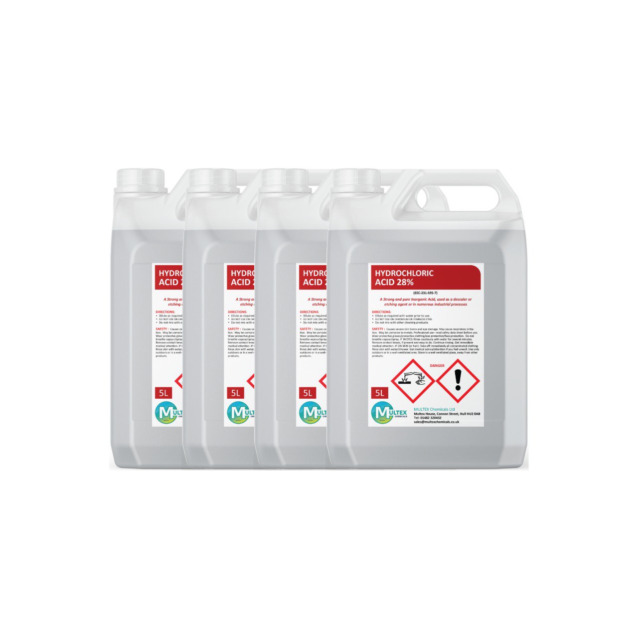 Multex Hydrochloric Acid 28% 5L - Heavy-duty descaler and concrete etching agent for industrial use.