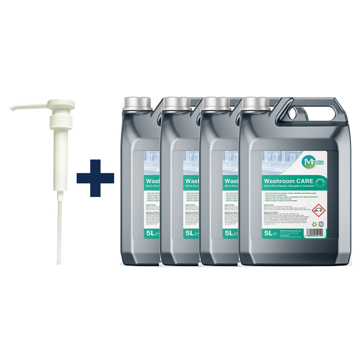 Washroom Care All-in-One Cleaner, Descaler, Sanitiser Concentrate – 5L & 25L — 4 × 5L bundle + 1 dosing pump (38mm)