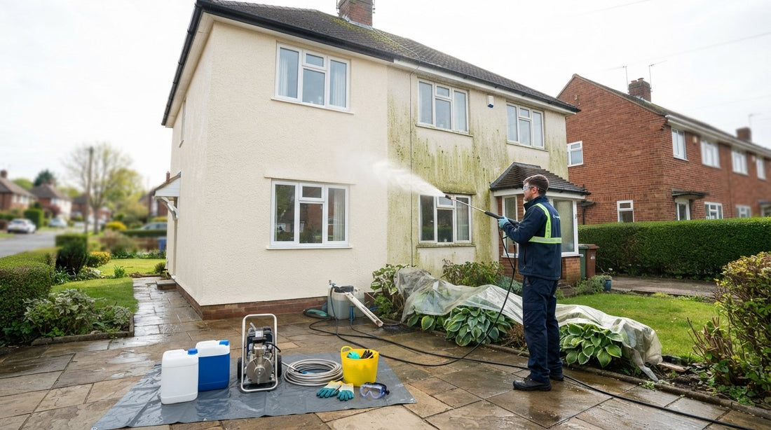 Render cleaning and biocide treatment for UK homes