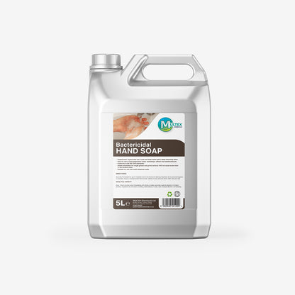 Bactericidal hand soap in a 5L container, designed for toilets and washrooms, by Multex Chemicals.