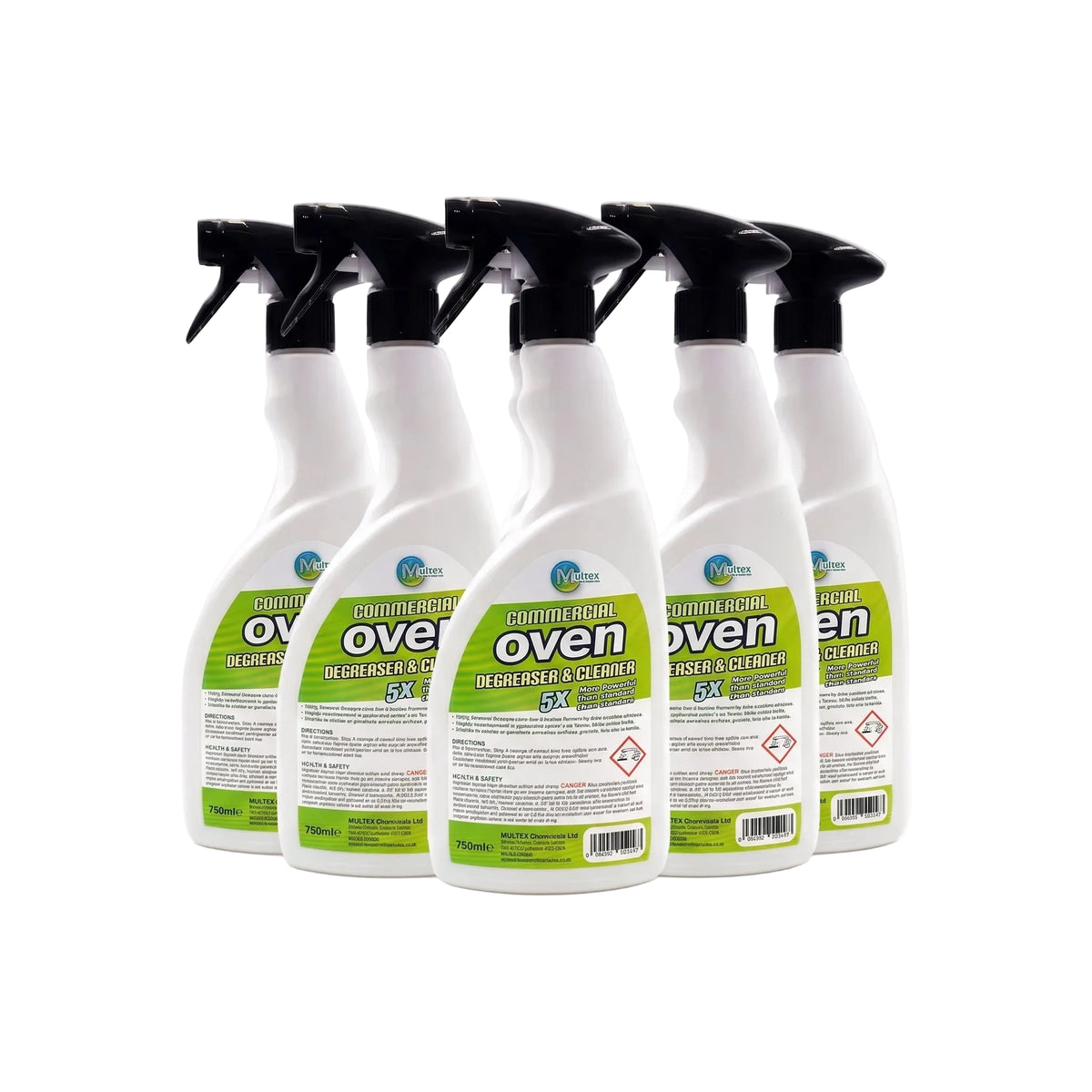 Six bottles of Multex Chemicals commercial oven degreaser and heavy-duty grill cleaner for deep cleaning hard surfaces.