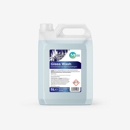 Multex Chemicals Glass Wash Detergent Concentrate 5L for catering and hospitality, showing a clean glass being washed.