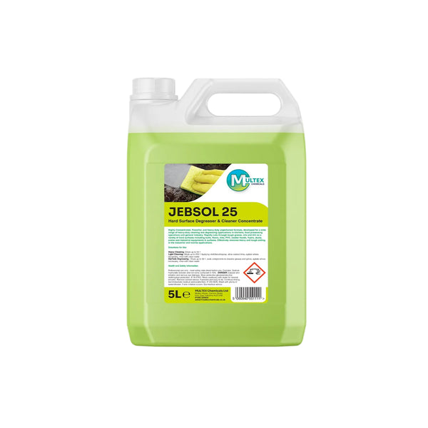 Jebsol 25 Hard Surface Degreaser & Cleaner Concentrate by Multex Chemicals, bulk 5L unperfumed commercial kitchen degreaser container.