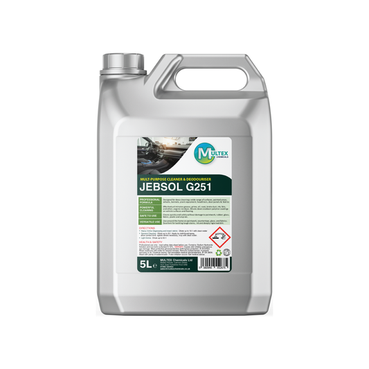 Jebsol G251 Multi-Purpose Cleaner and Deodoriser by Multex Chemicals, 5L concentrate container with trade pouring grip and chemical safety data labeling.