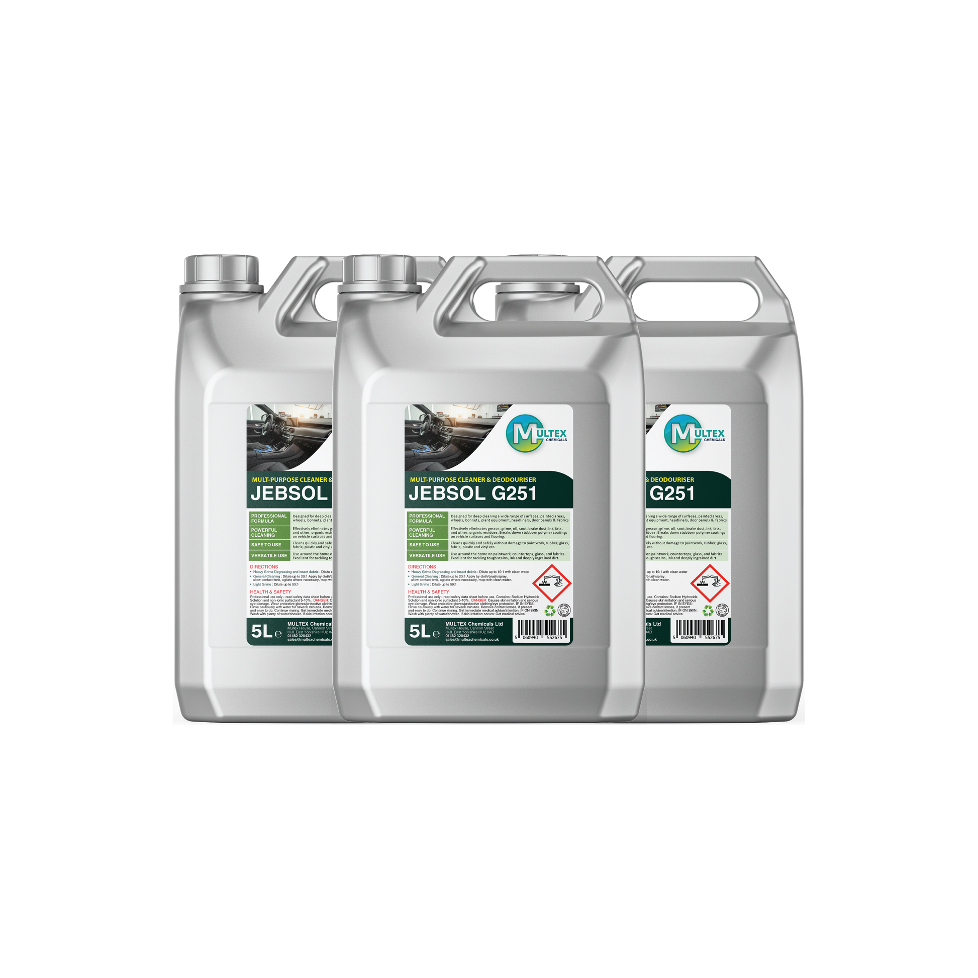 JEBSOL G251 Multi-Purpose Concentrated Cleaner and Deodoriser by Multex Chemicals, bulk 5L commercial hard surface floor cleaning container.