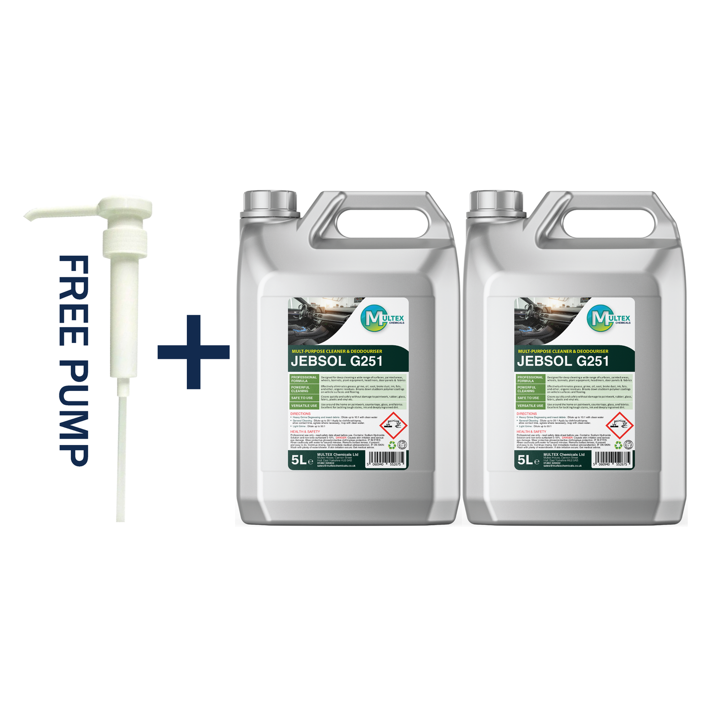 Jebsol G251 Multi-Purpose Cleaner and Deodoriser by Multex Chemicals, 5L concentrate container with trade pouring grip and chemical safety data labeling.