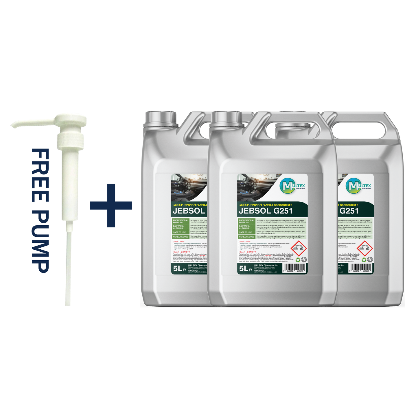 Jebsol G251 Multi-Purpose Cleaner and Deodoriser by Multex Chemicals, 5L concentrate container with trade pouring grip and chemical safety data labeling.