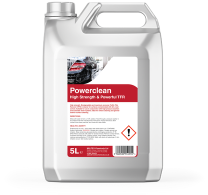 Multex Powerclean high strength concentrate in a 5L container, designed for vehicle and facility cleaning and maintenance.