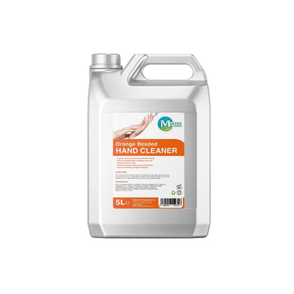 Orange beaded hand cleaner in a 5L container by Multex Chemicals, suitable for toilets and washrooms.