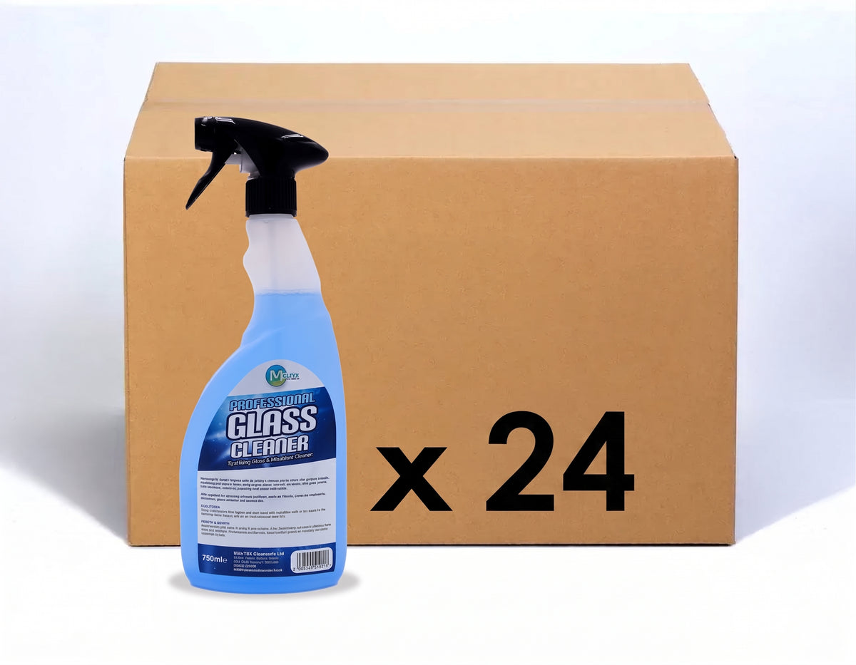 24 bottles of Pro Clean Supply professional glass and window cleaner spray with streak-free formula for household cleaning.