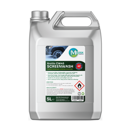 A 5-liter plastic jug of Meltex Arctic CW4 Screenwash, featuring a white container with a handle and a detailed label on a solid white background.