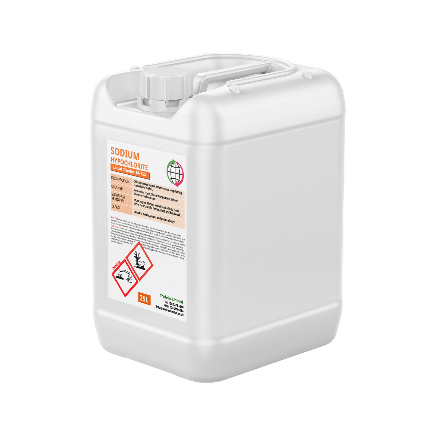 Multex Sodium Hypochlorite 14-15% 25L - High-strength liquid chlorine for industrial water treatment and surface cleaning.