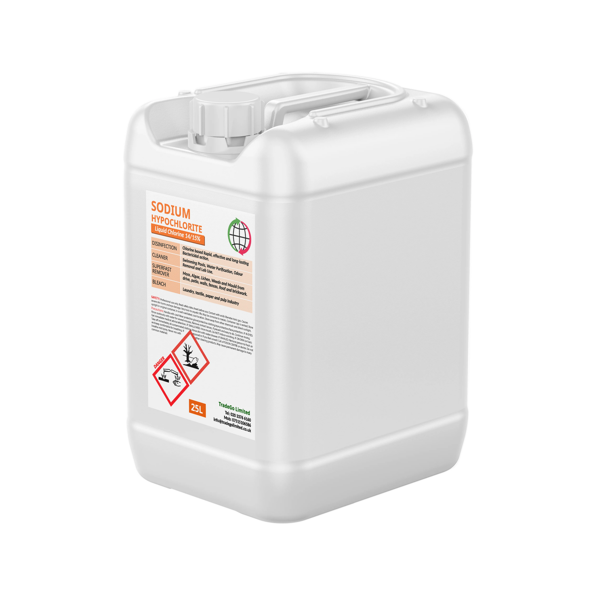 Multex Sodium Hypochlorite 14-15% 25L - High-strength liquid chlorine for industrial water treatment and surface cleaning.