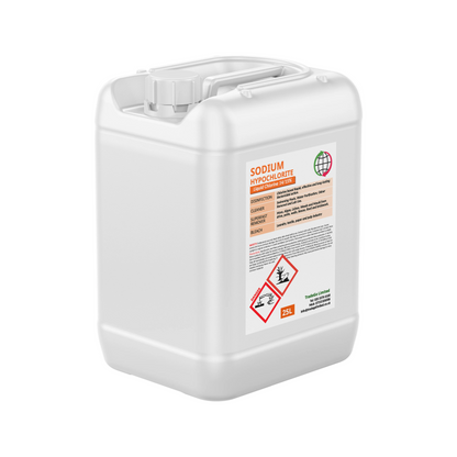 Multex Sodium Hypochlorite 14-15% 25L - High-strength liquid chlorine for industrial water treatment and surface cleaning.