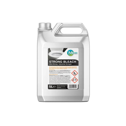 Multex Chemicals ultra strong bleach bottle with a label indicating powerful cleaning and whitening capabilities.
