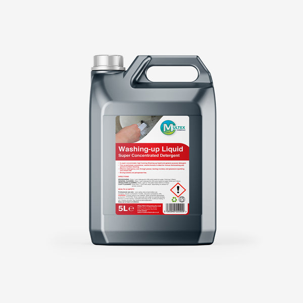 Super concentrated washing-up liquid from Multex Chemicals for catering and hospitality, showing a clear bottle of dish soap.