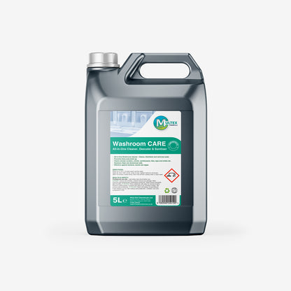 Pro Clean Supply Washroom Care All-in-One Cleaner, Descaler, Sanitiser concentrate in a 5L container, used for disinfecting and cleaning.