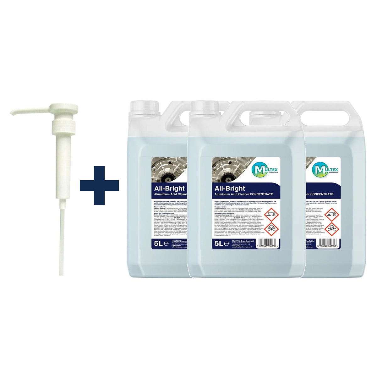 Ali-Bright Aluminium Acid Cleaner & Descaler – Heavy Duty 5L & 25L Industrial Brightener — 3 × 5L bundle + 1 dosing pump (38mm)