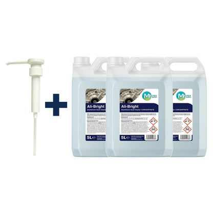 Ali-Bright Aluminium Acid Cleaner & Descaler – Heavy Duty 5L & 25L Industrial Brightener — 3 × 5L bundle + 1 dosing pump (38mm)