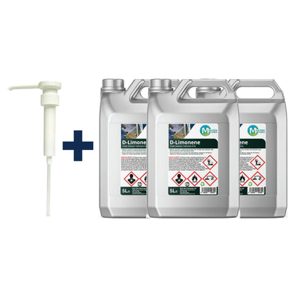 D-Limonene Pure Orange Terpenes 97% – 5L & 25L — 3 × 5L bundle + 1 dosing pump (38mm)