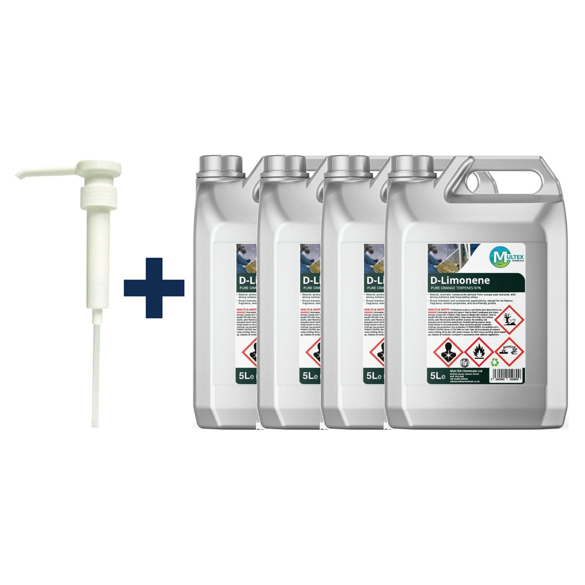 D-Limonene Pure Orange Terpenes 97% – 5L & 25L — 4 × 5L bundle + 1 dosing pump (38mm)