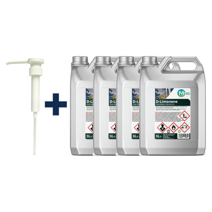 D-Limonene Pure Orange Terpenes 97% – 5L & 25L — 4 × 5L bundle + 1 dosing pump (38mm)