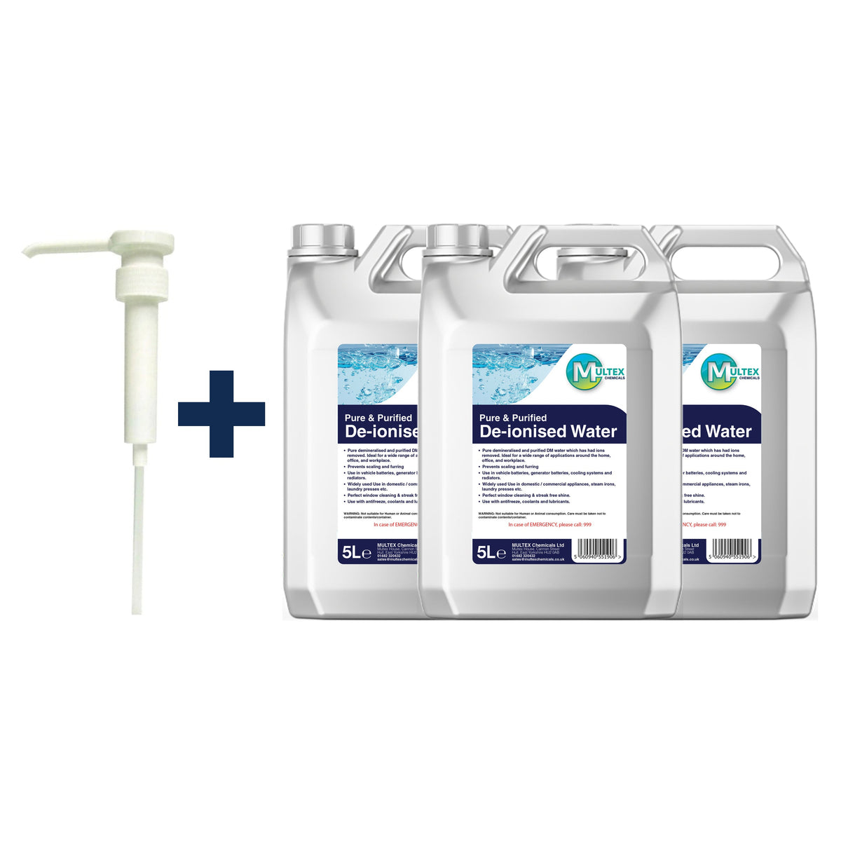 De-ionised Water – 5L & 25L — 3 × 5L bundle + 1 dosing pump (38mm)