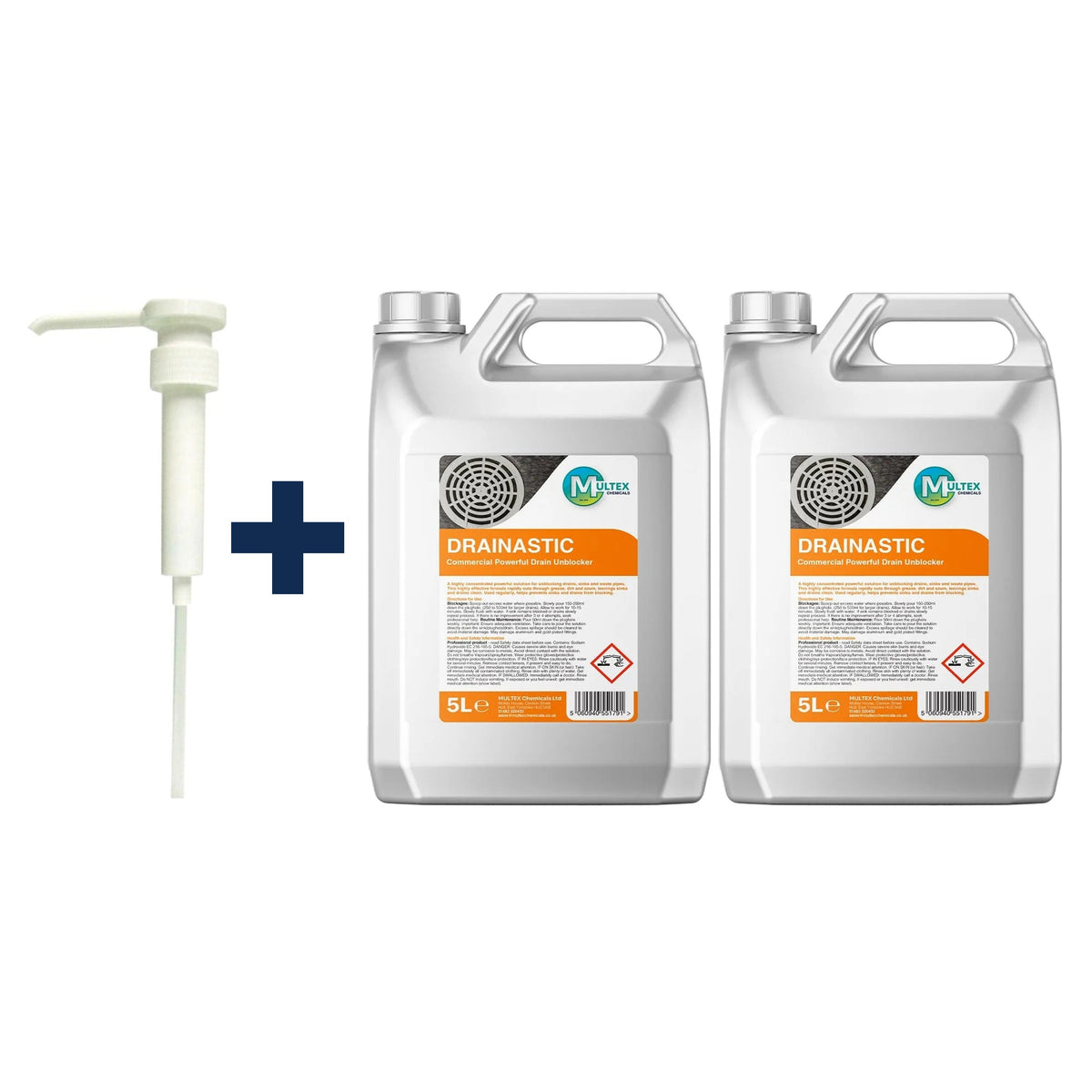 Drainastic Commercial Powerful Drain Unblocker Concentrate — 2 × 5L bundle + 1 dosing pump (38mm)