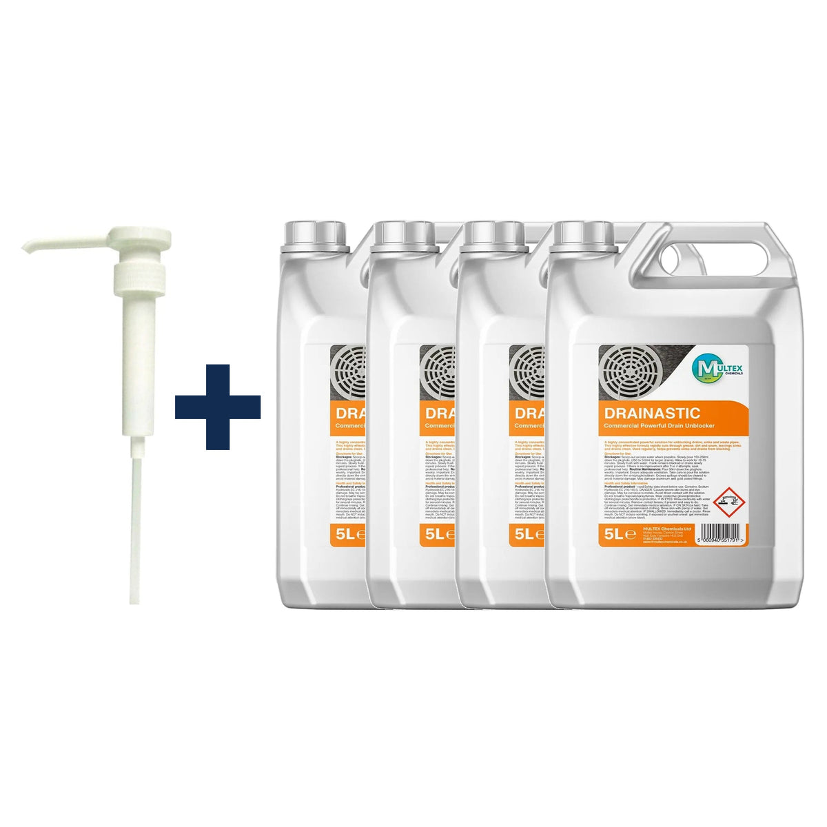 Drainastic Commercial Powerful Drain Unblocker Concentrate — 4 × 5L bundle + 1 dosing pump (38mm)