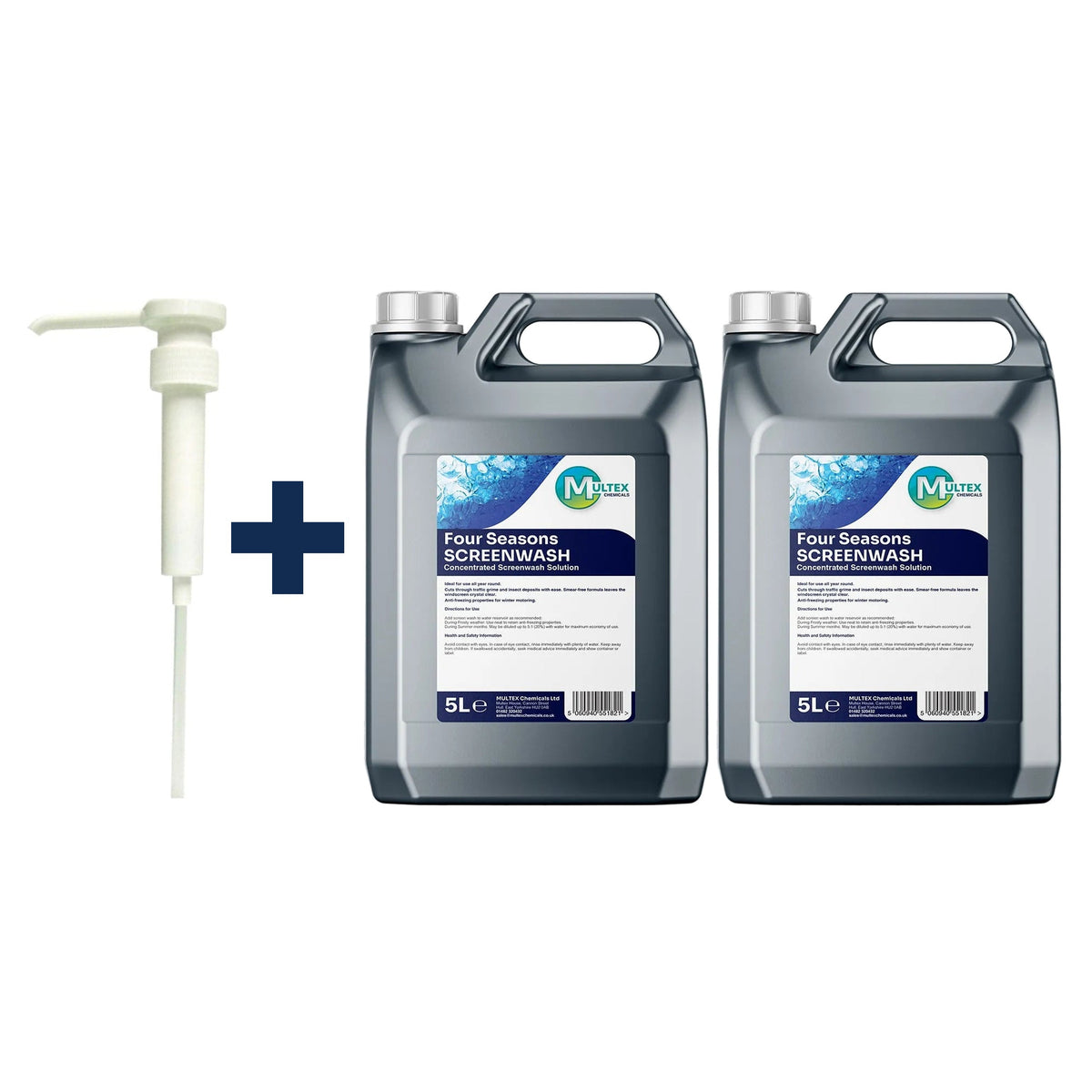 Four Seasons Concentrated Screenwash – All-Season Windscreen Cleaner 5L & 25L — 2 × 5L bundle + 1 dosing pump (38mm)