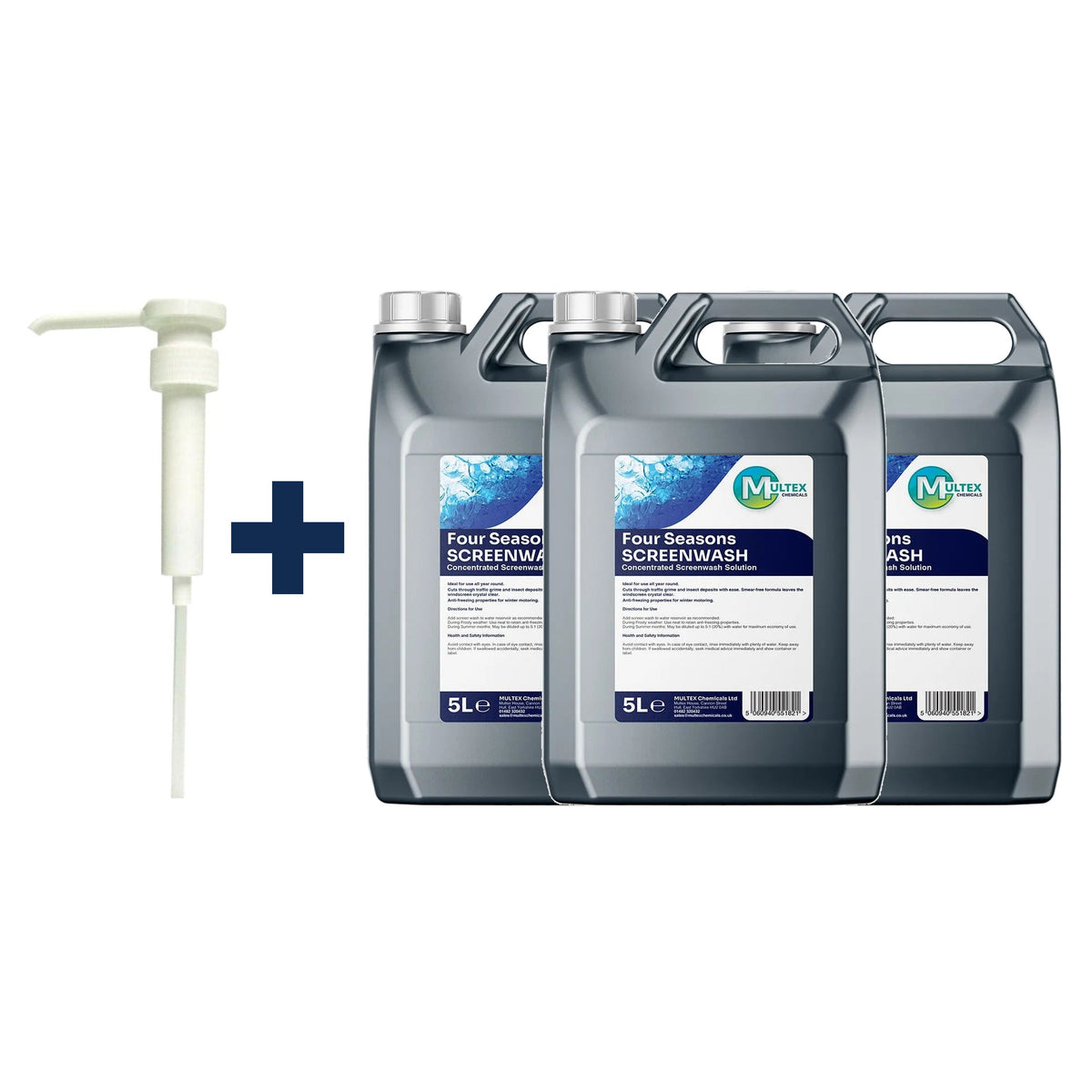 Four Seasons Concentrated Screenwash – All-Season Windscreen Cleaner 5L & 25L — 3 × 5L bundle + 1 dosing pump (38mm)