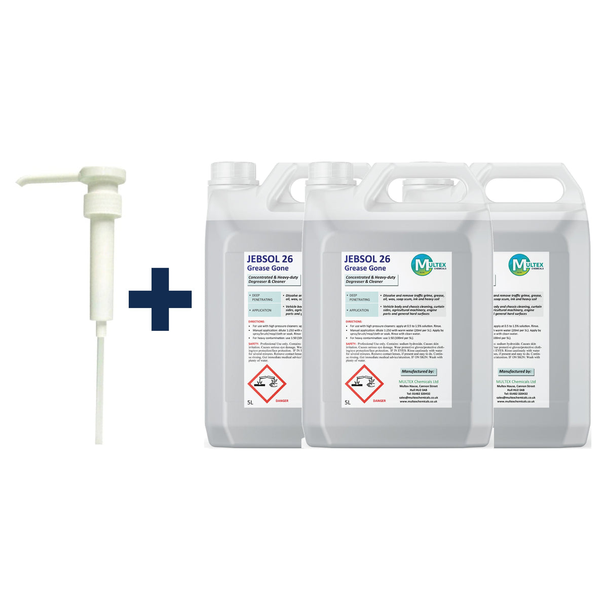 JEBSOL 26 Grease-Gone Concentrate – 5L & 25L — 3 × 5L bundle + 1 dosing pump (38mm)