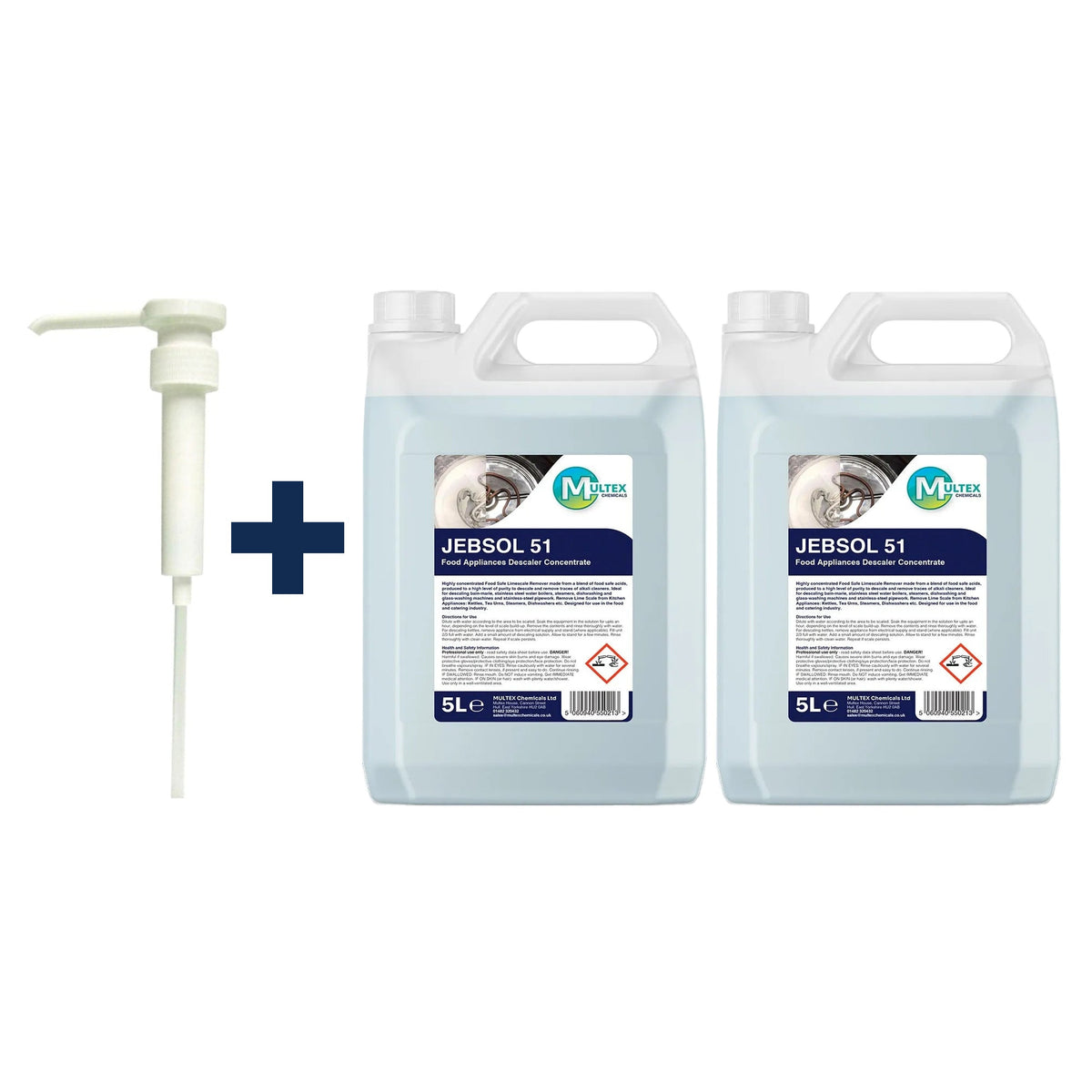 JEBSOL 51 Food Appliance Descaler Concentrate – 5L & 25L — 2 × 5L bundle + 1 dosing pump (38mm)