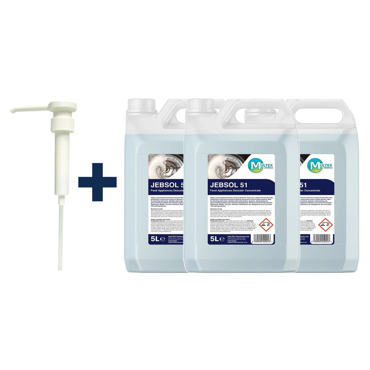 JEBSOL 51 Food Appliance Descaler Concentrate – 5L & 25L — 3 × 5L bundle + 1 dosing pump (38mm)