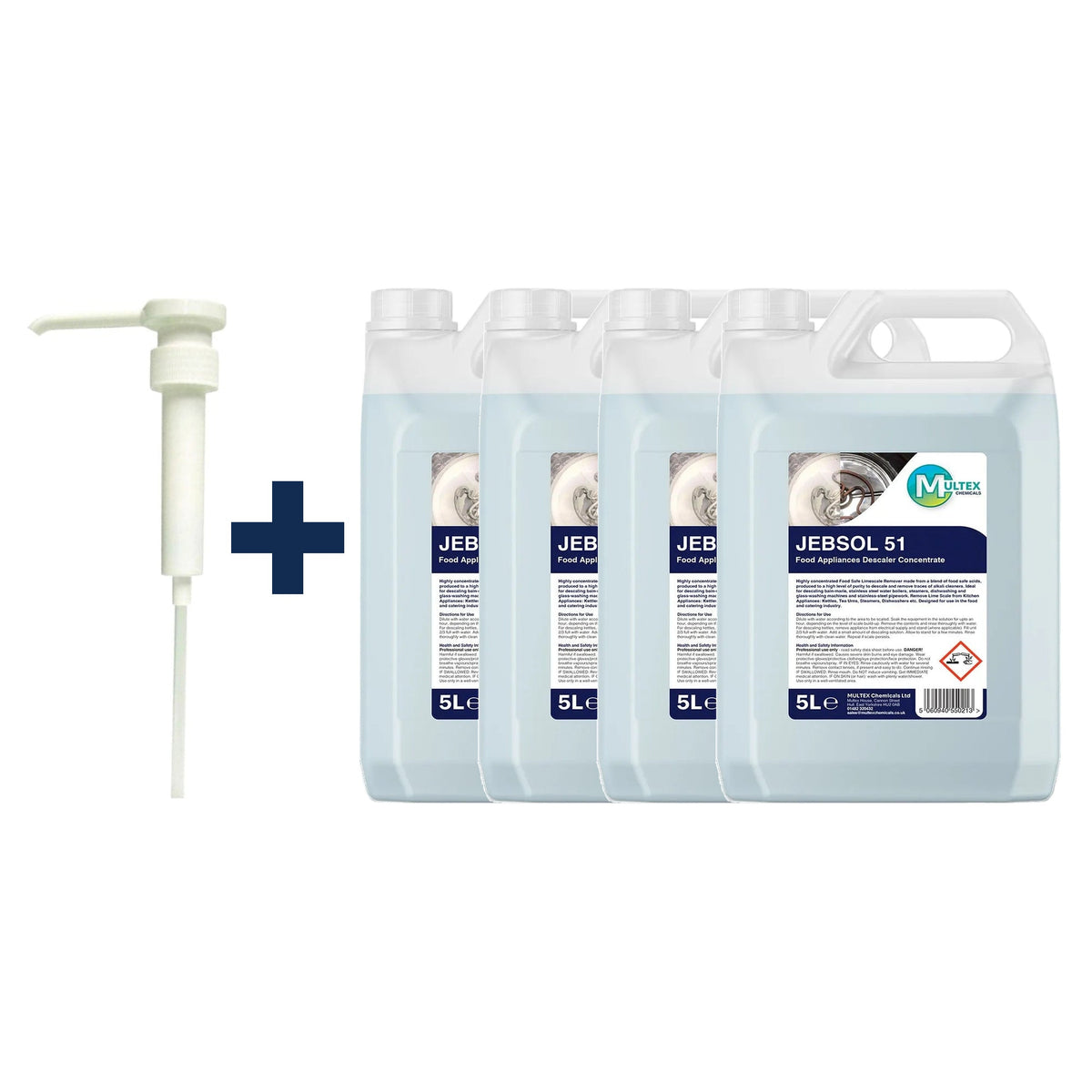 JEBSOL 51 Food Appliance Descaler Concentrate – 5L & 25L — 4 × 5L bundle + 1 dosing pump (38mm)