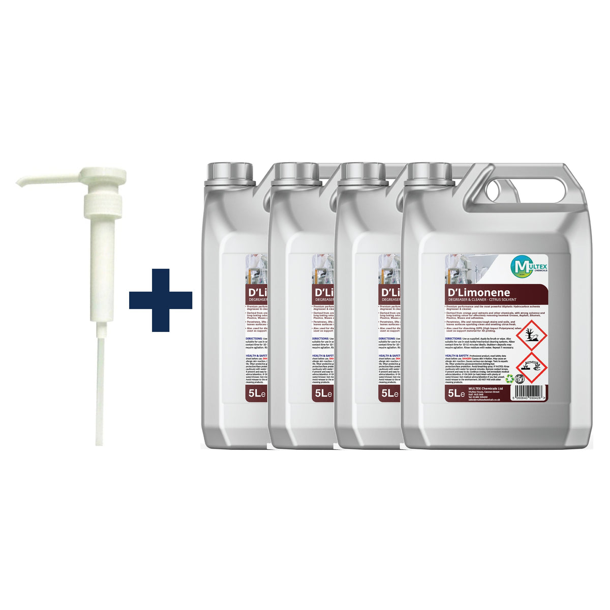 D-Limonene Citrus Solvent Degreaser – Heavy Duty Tar, Glue & Bitumen Remover — 4 × 5L bundle + 1 dosing pump (38mm)