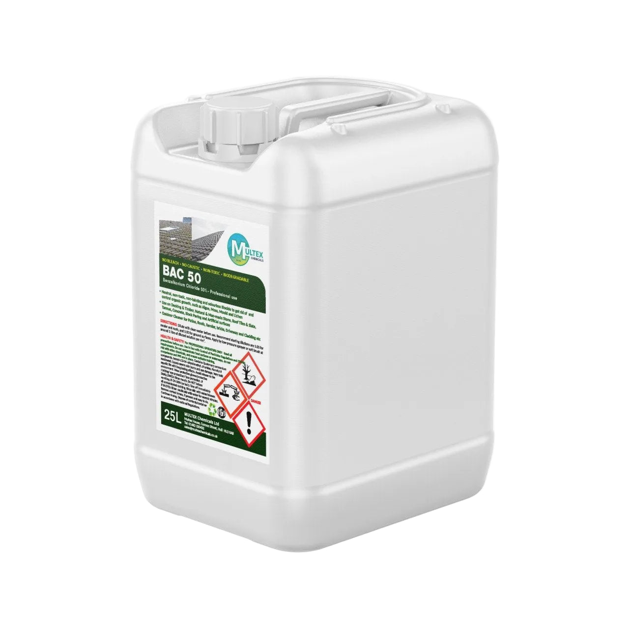 BAC 50 Benzalkonium Chloride 50 percent professional biocide concentrated outdoor cleaner by Multex Chemicals, 5L commercial container for moss and algae removal.