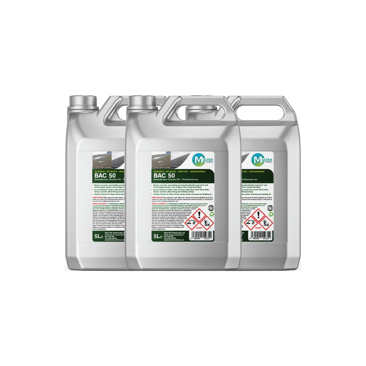 BAC 50 Benzalkonium Chloride 50 percent professional biocide concentrated outdoor cleaner by Multex Chemicals, 5L commercial container for moss and algae removal.