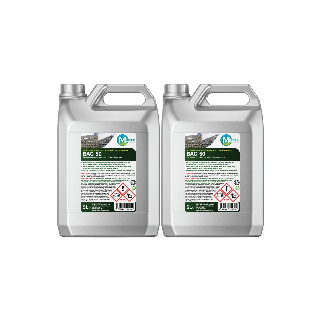 BAC 50 Benzalkonium Chloride 50 percent professional biocide concentrated outdoor cleaner by Multex Chemicals, 5L commercial container for moss and algae removal.