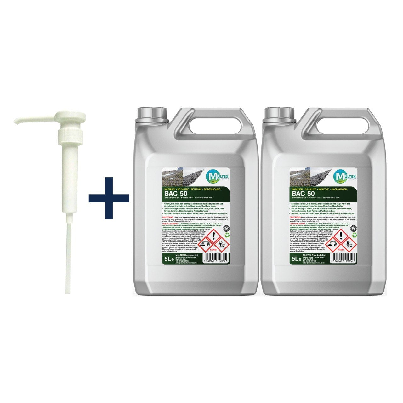 BAC 50 Benzalkonium Chloride 50 percent professional biocide concentrated outdoor cleaner by Multex Chemicals, 5L commercial container for moss and algae removal.