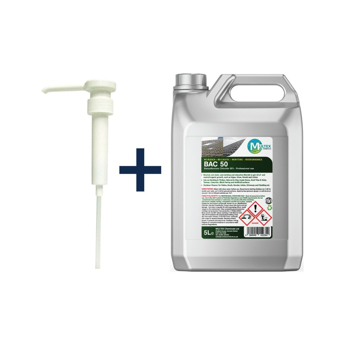 BAC 50 Benzalkonium Chloride 50 percent professional biocide concentrated outdoor cleaner by Multex Chemicals, 5L commercial container for moss and algae removal.
