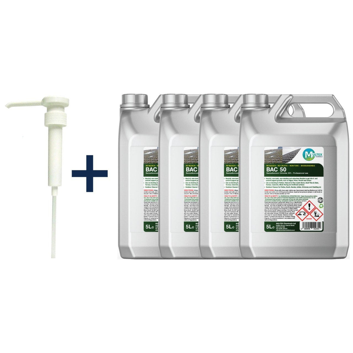 BAC 50 Benzalkonium Chloride 50 percent professional biocide concentrated outdoor cleaner by Multex Chemicals, 5L commercial container for moss and algae removal.