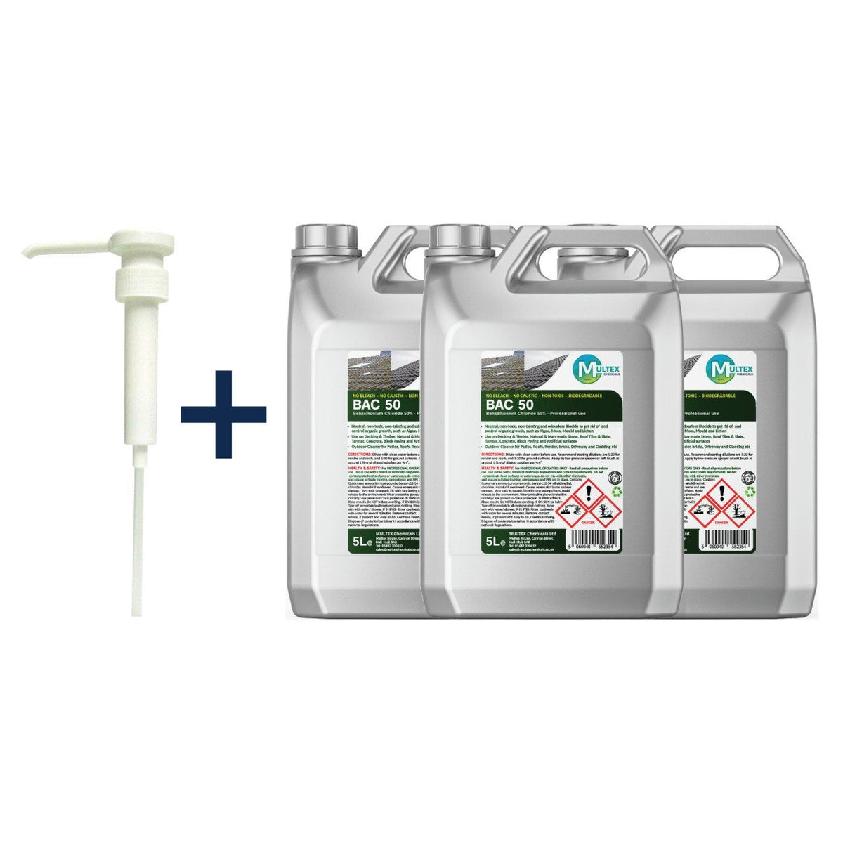 BAC 50 Benzalkonium Chloride 50 percent professional biocide concentrated outdoor cleaner by Multex Chemicals, 5L commercial container for moss and algae removal.